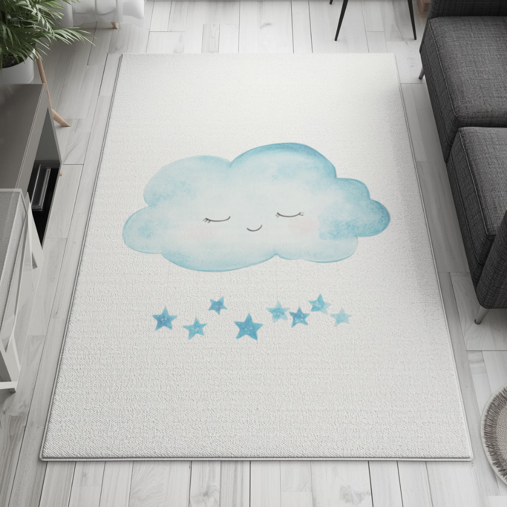 Mavi Uyuyan Bulut ve Sallanan Yıldızlar Salon Halısı