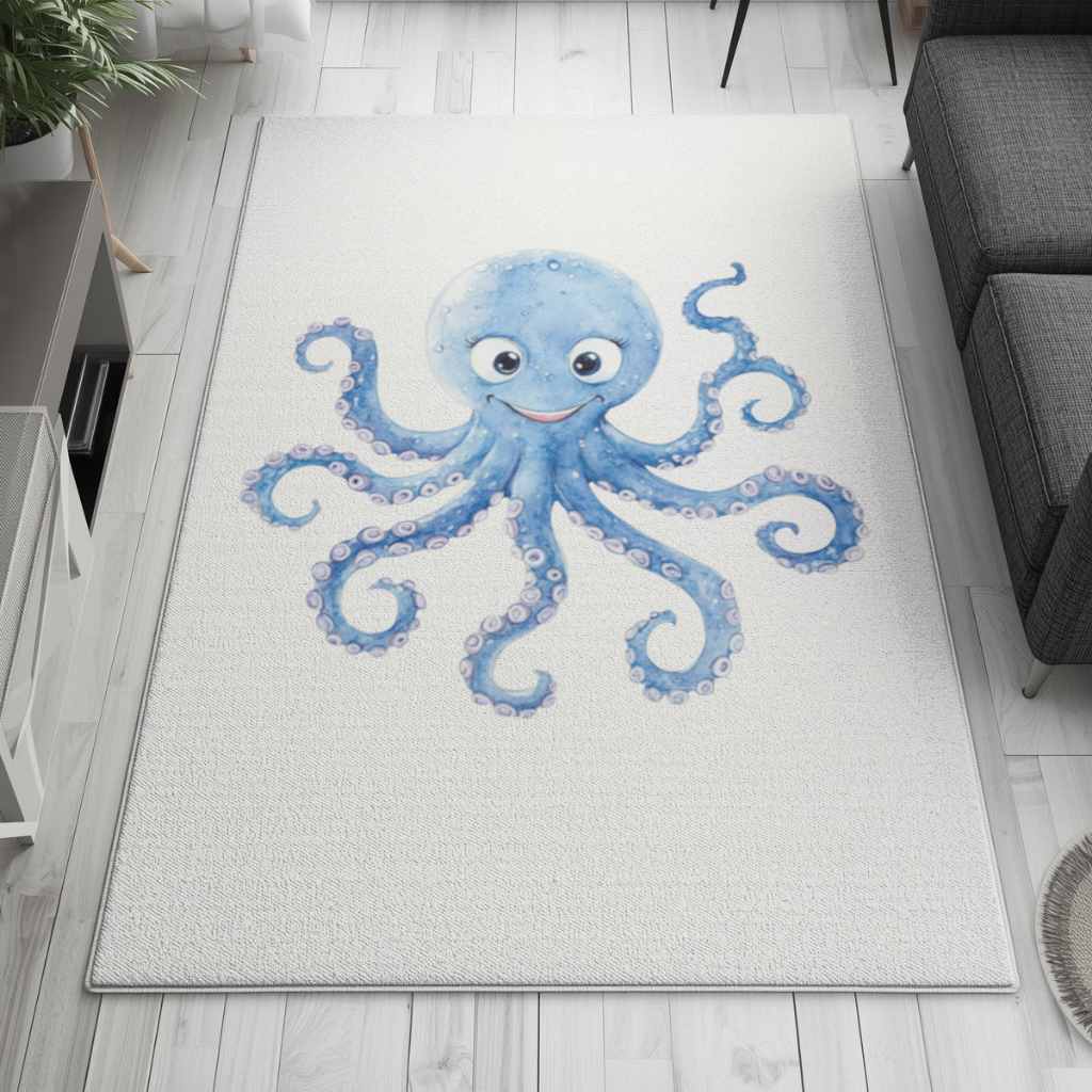 Sevimli Mavi Suluboya Ahtapot Salon Halısı