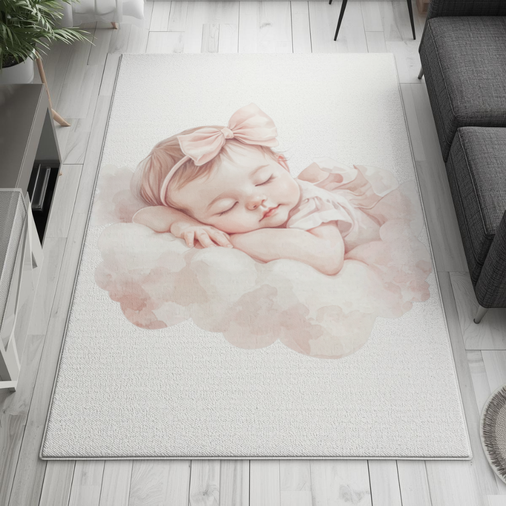 Pembe Kurdeleli Uyuyan Kız Bebek Salon Halısı