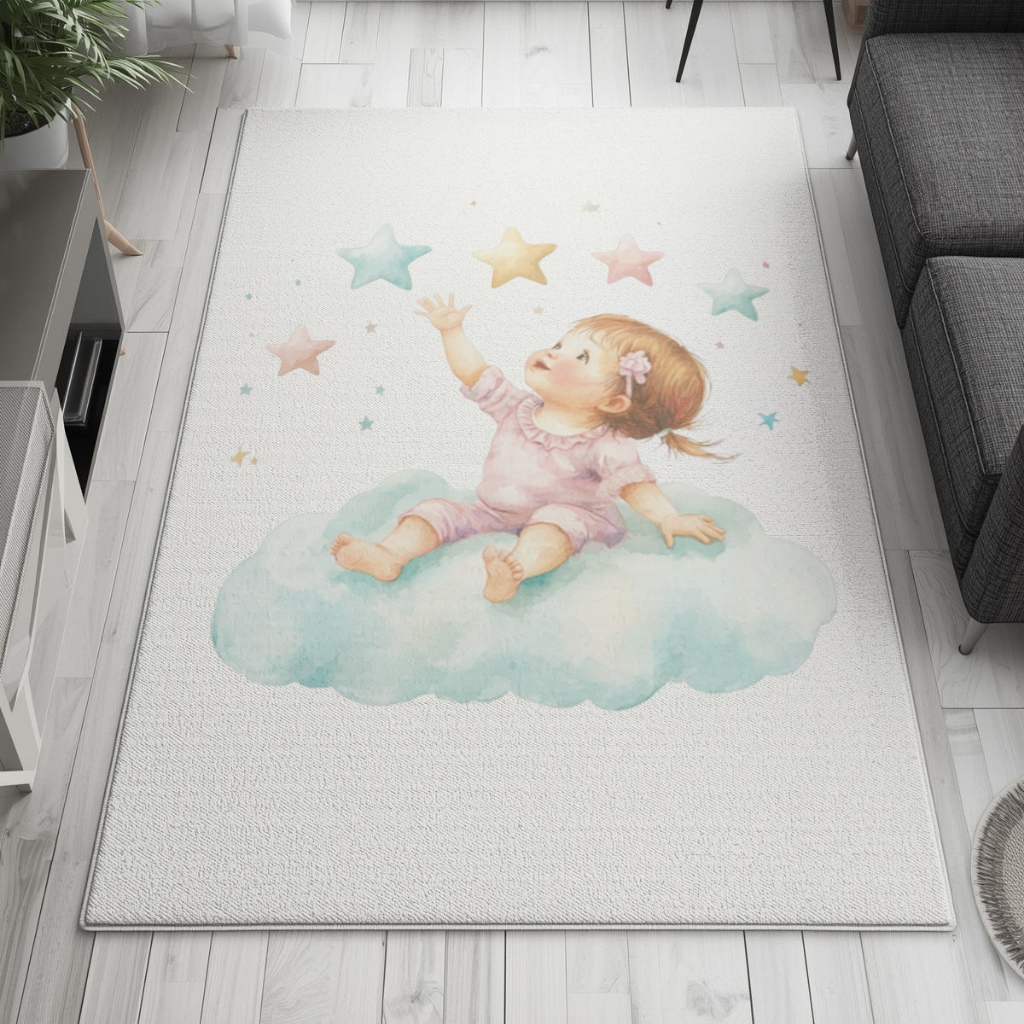 Bulut Üzerinde Yıldızlara Ulaşan Bebek Salon Halısı