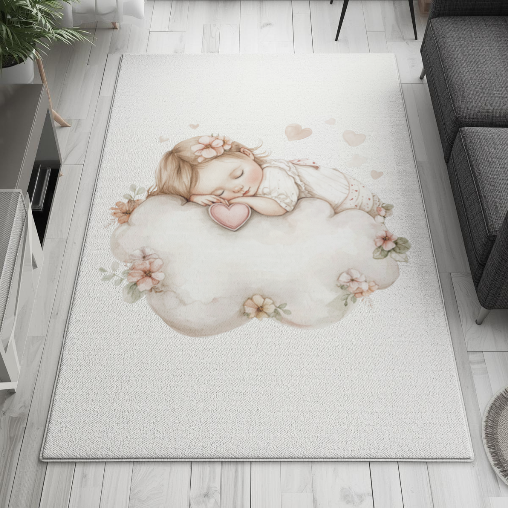 Sleeping Baby Girl on Floral Cloud Living room carpet