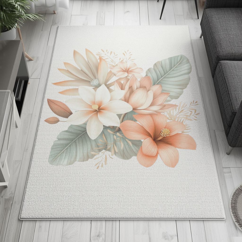Şeftali Tonlu Tropikal Çiçek Buketi Salon Halısı