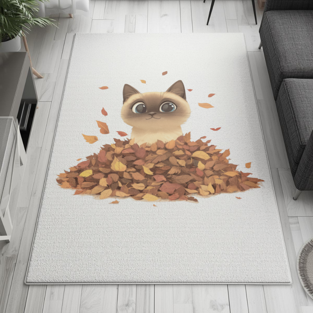 Siamese Cat in Autumn Leaf Pile 