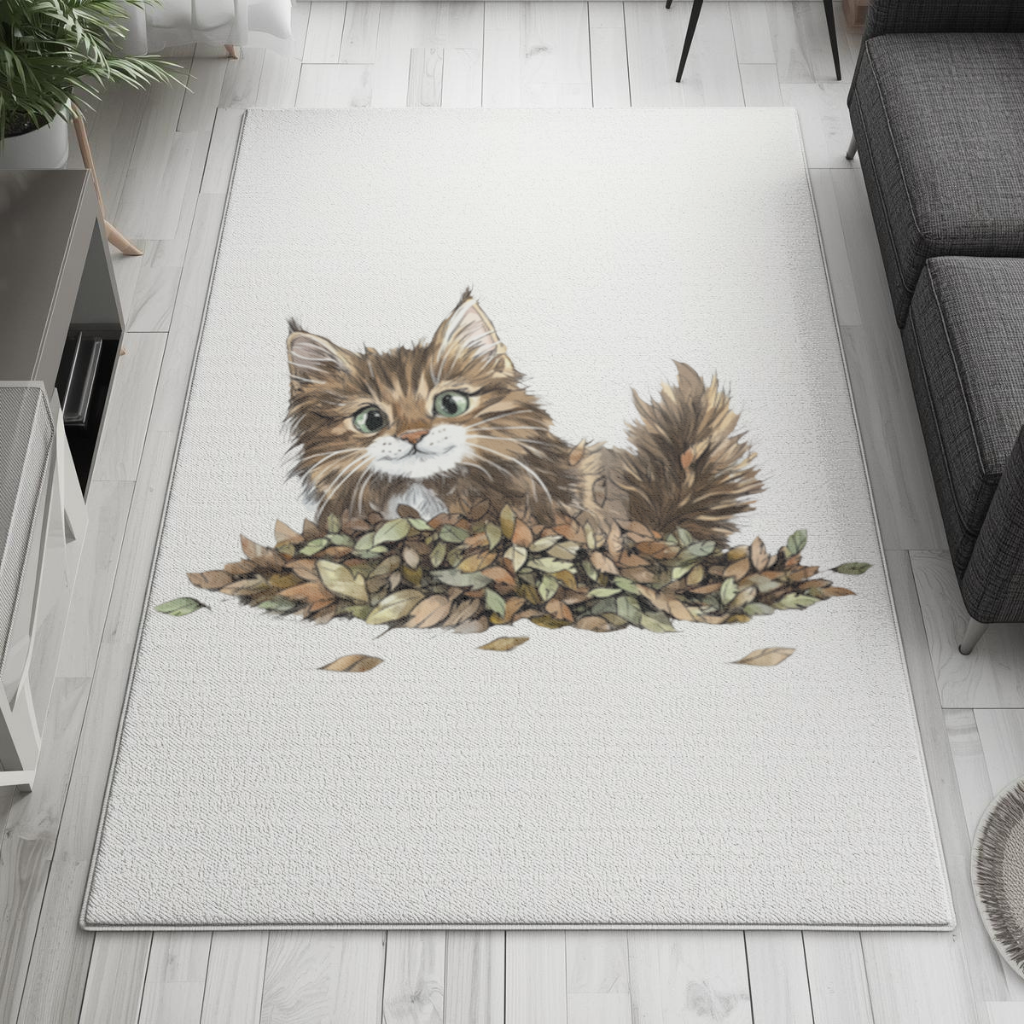 Cute Fluffy Kitten in Autumn Leaves 
