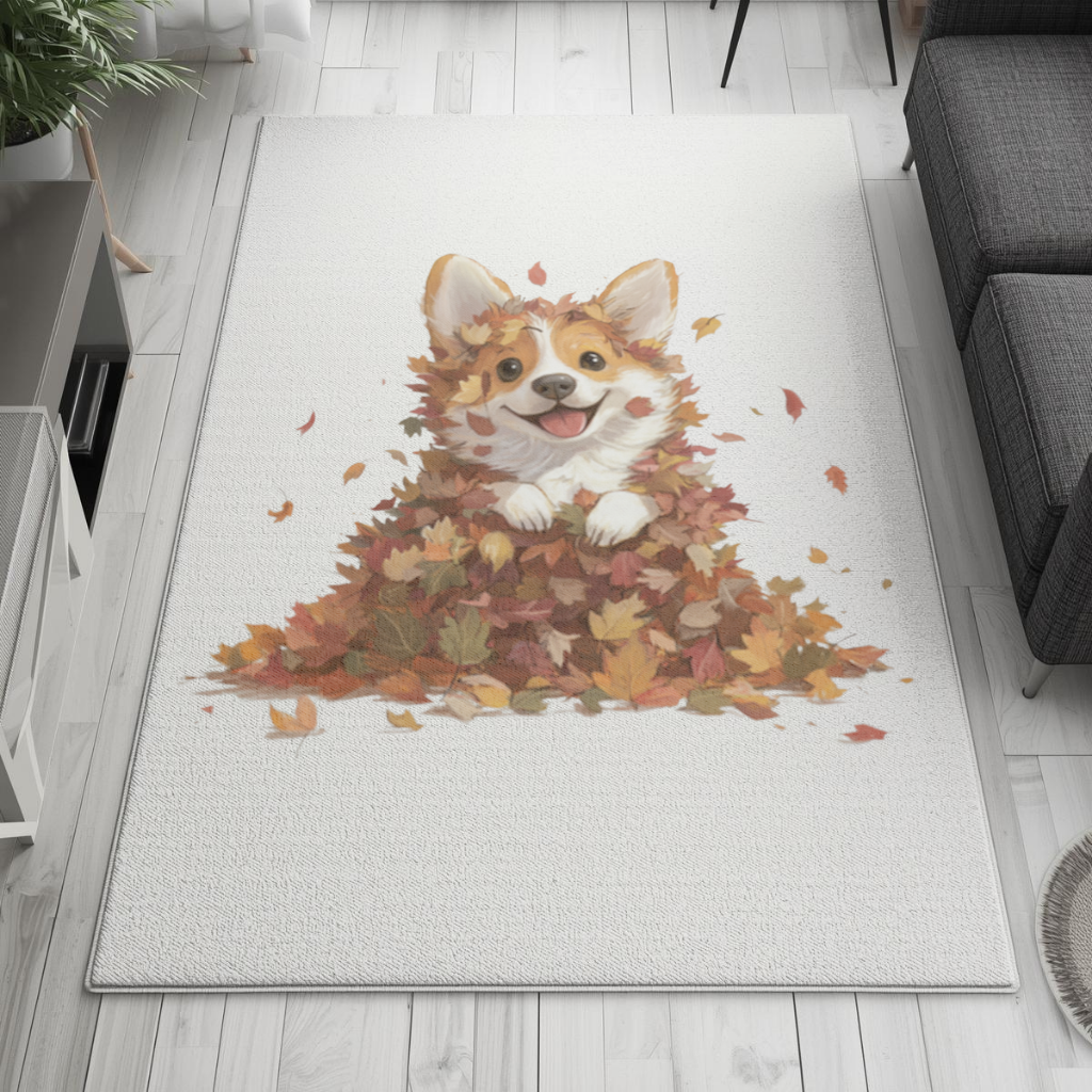 Happy Corgi Puppy in Fall Leaves 