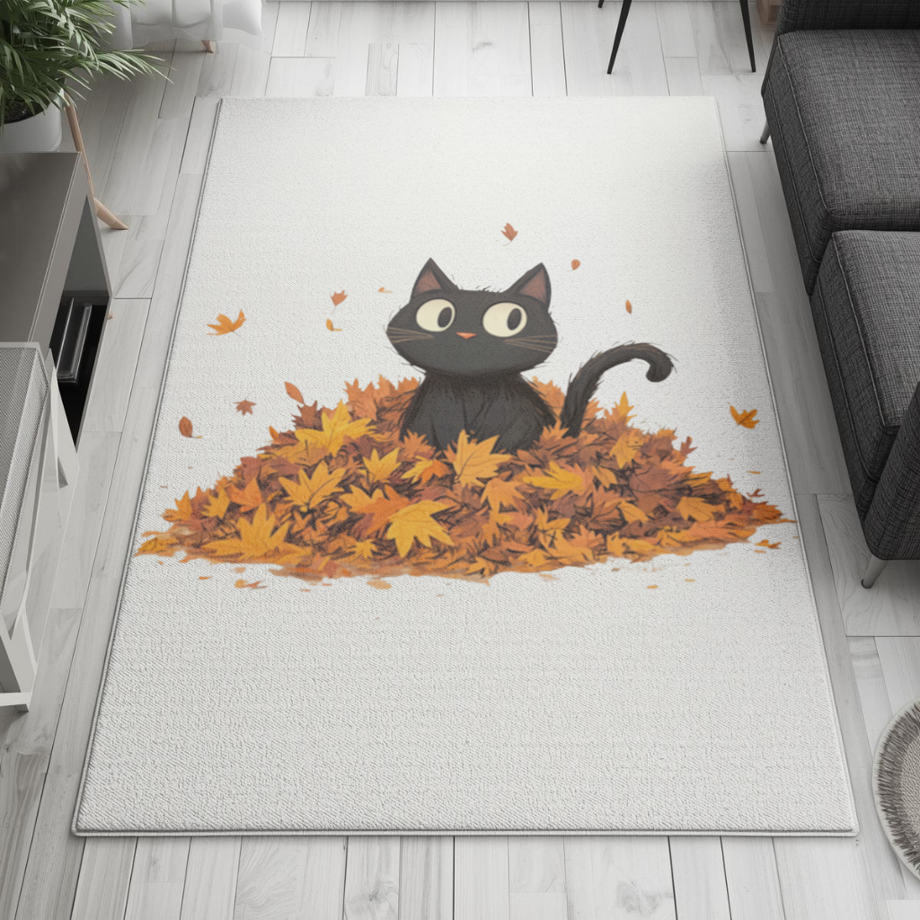 Sonbahar Yapraklarında Sevimli Siyah Kedi Salon Halısı