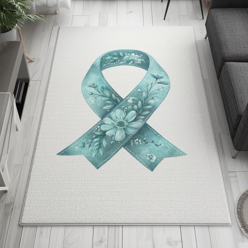 Turkuaz Çiçekli Farkındalık Kurdelesi Salon Halısı