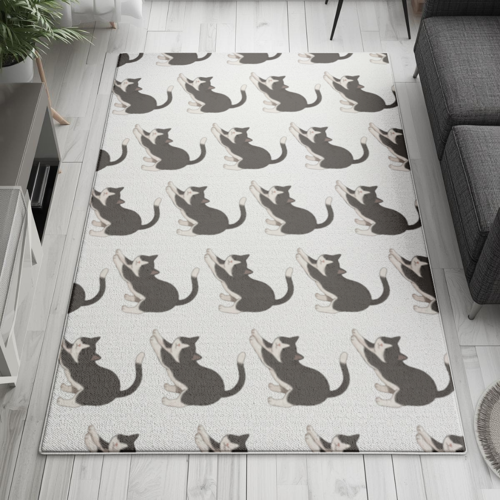 Stretching Tuxedo Cat Living room carpet
