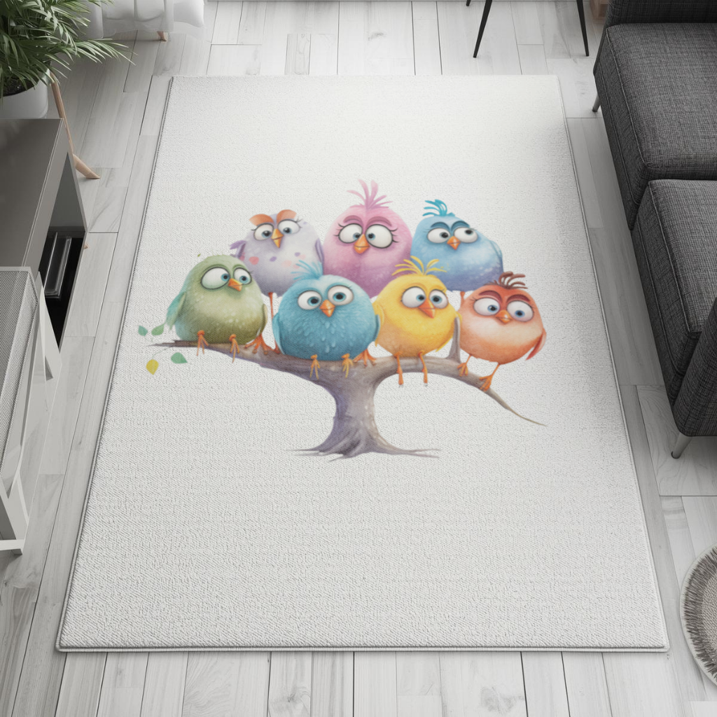 Whimsical Colorful Birds on Branch 