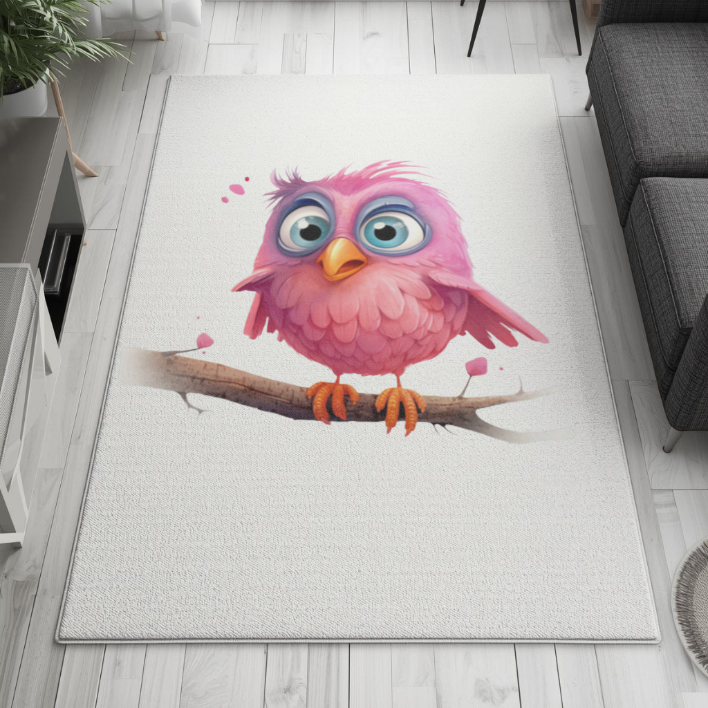 Cute Pink Bird with Large Blue Eyes Living room carpet