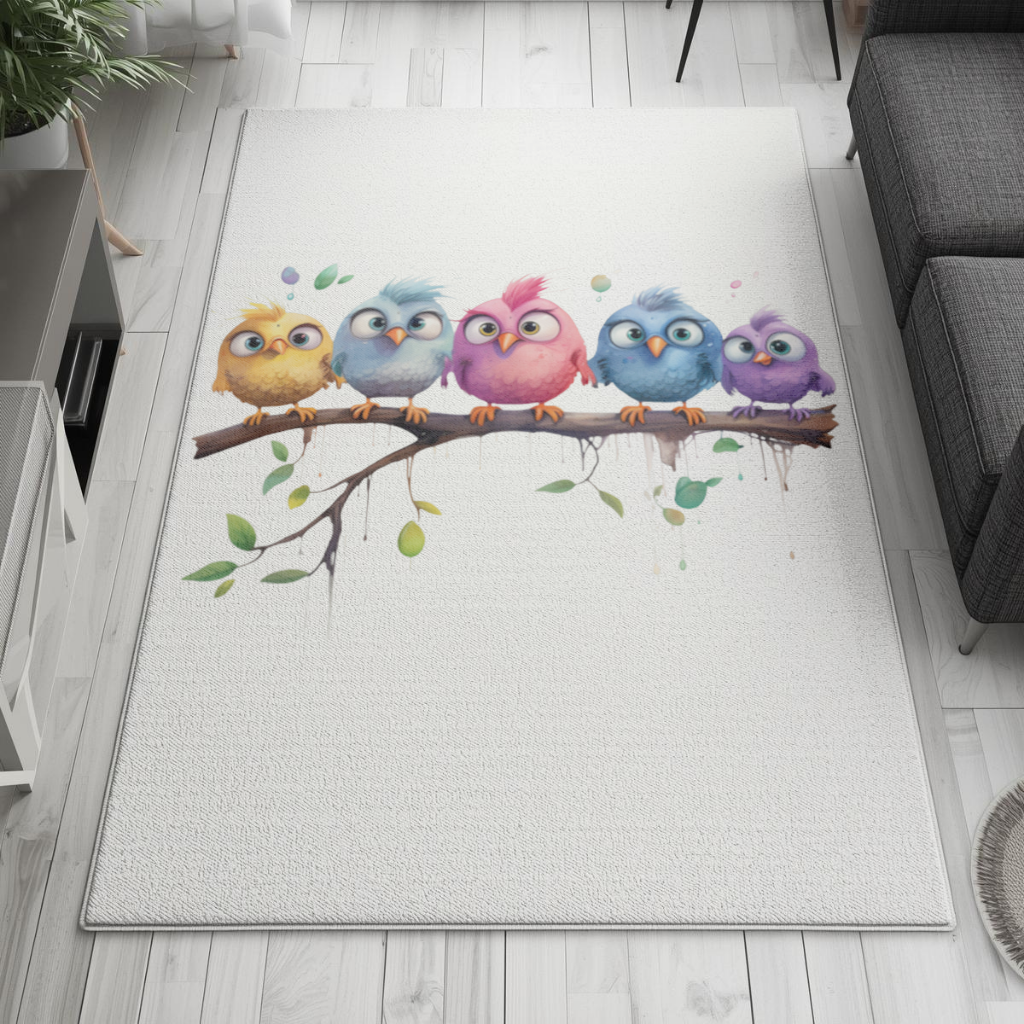 Five Colorful Kawaii Birds on Branch 