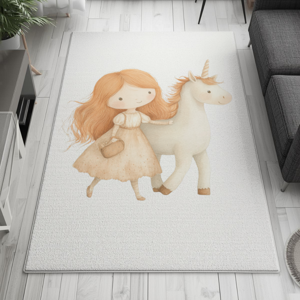 Ginger Girl with Whimsical White Unicorn Living room carpet