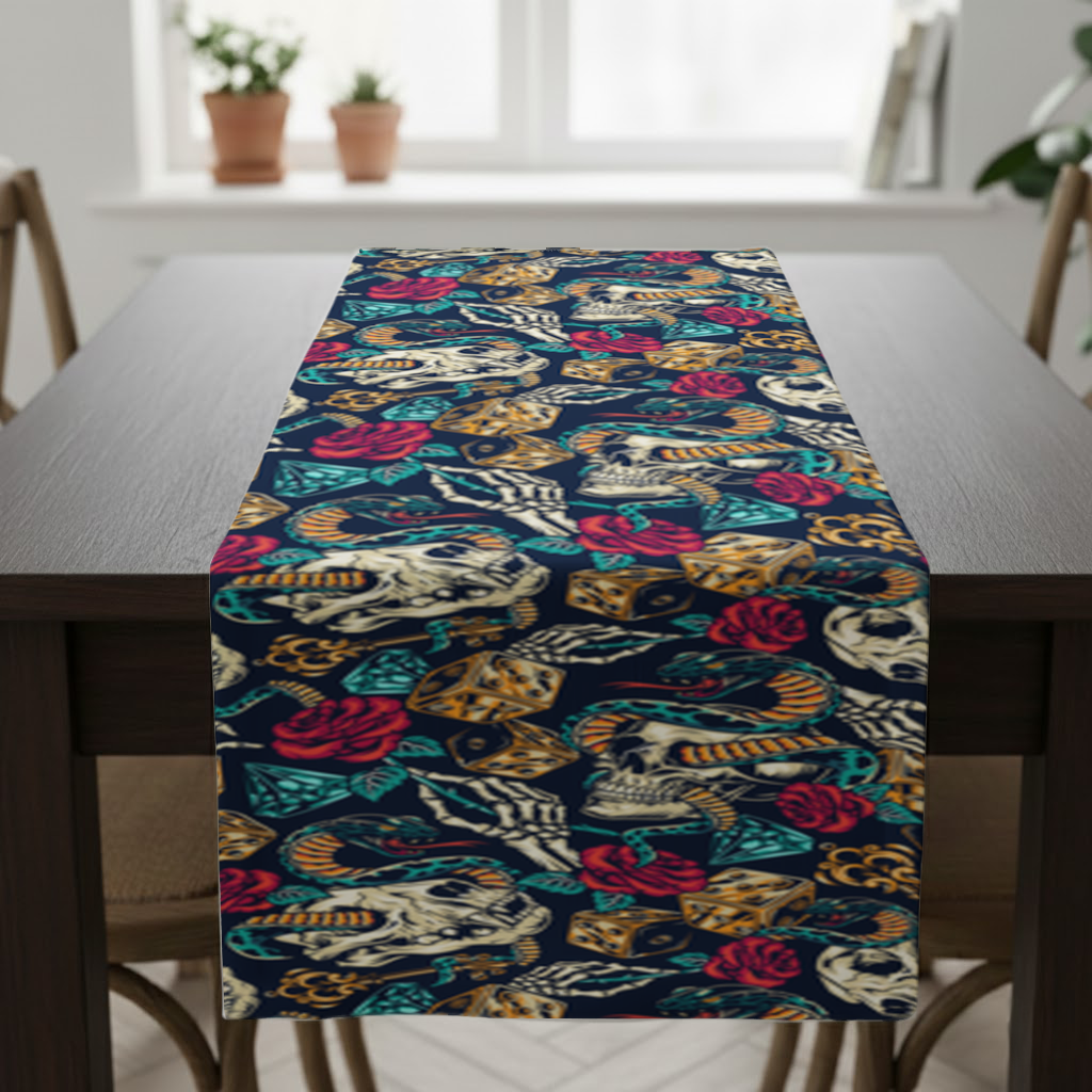 Skull Snake Dice and Roses Pattern Runner