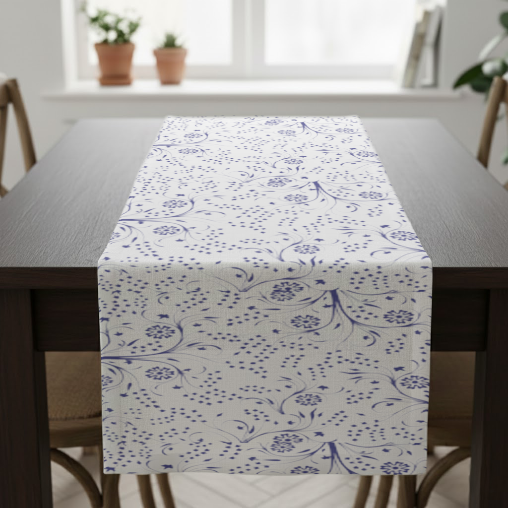 Blue White Vintage Floral Pattern Runner