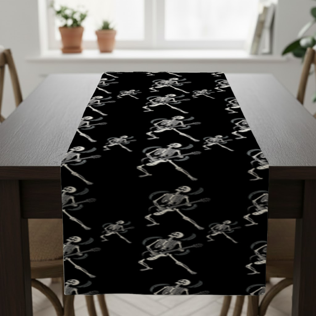 Rock Guitar Playing Skeleton Pattern on Black Runner