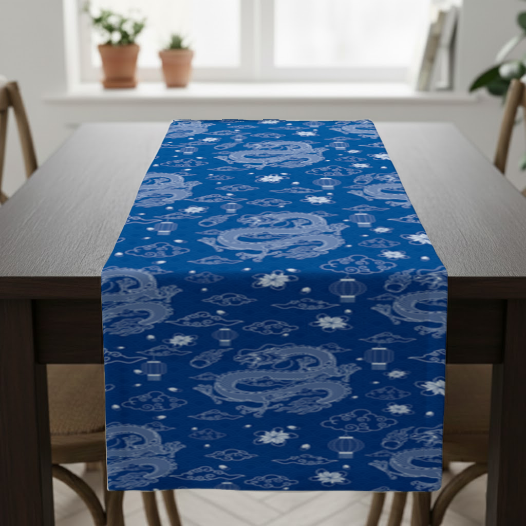 Traditional Dragon Pattern on Blue Background Runner