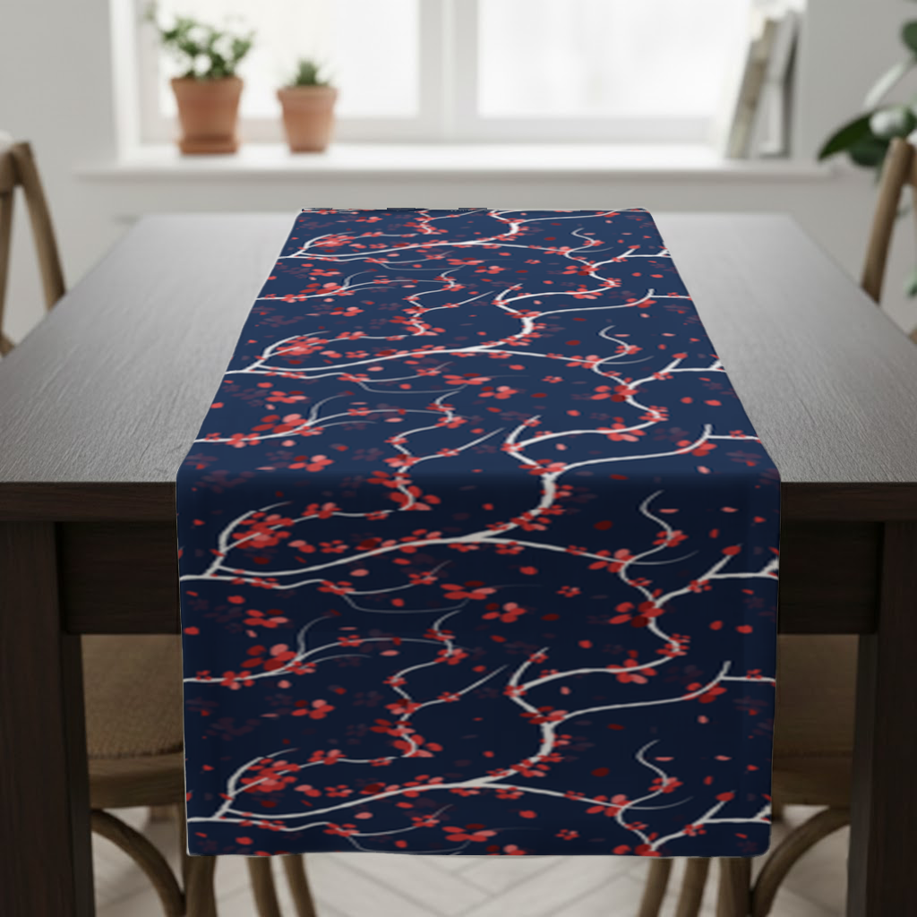 Red Floral Branch Pattern on Navy Background Runner