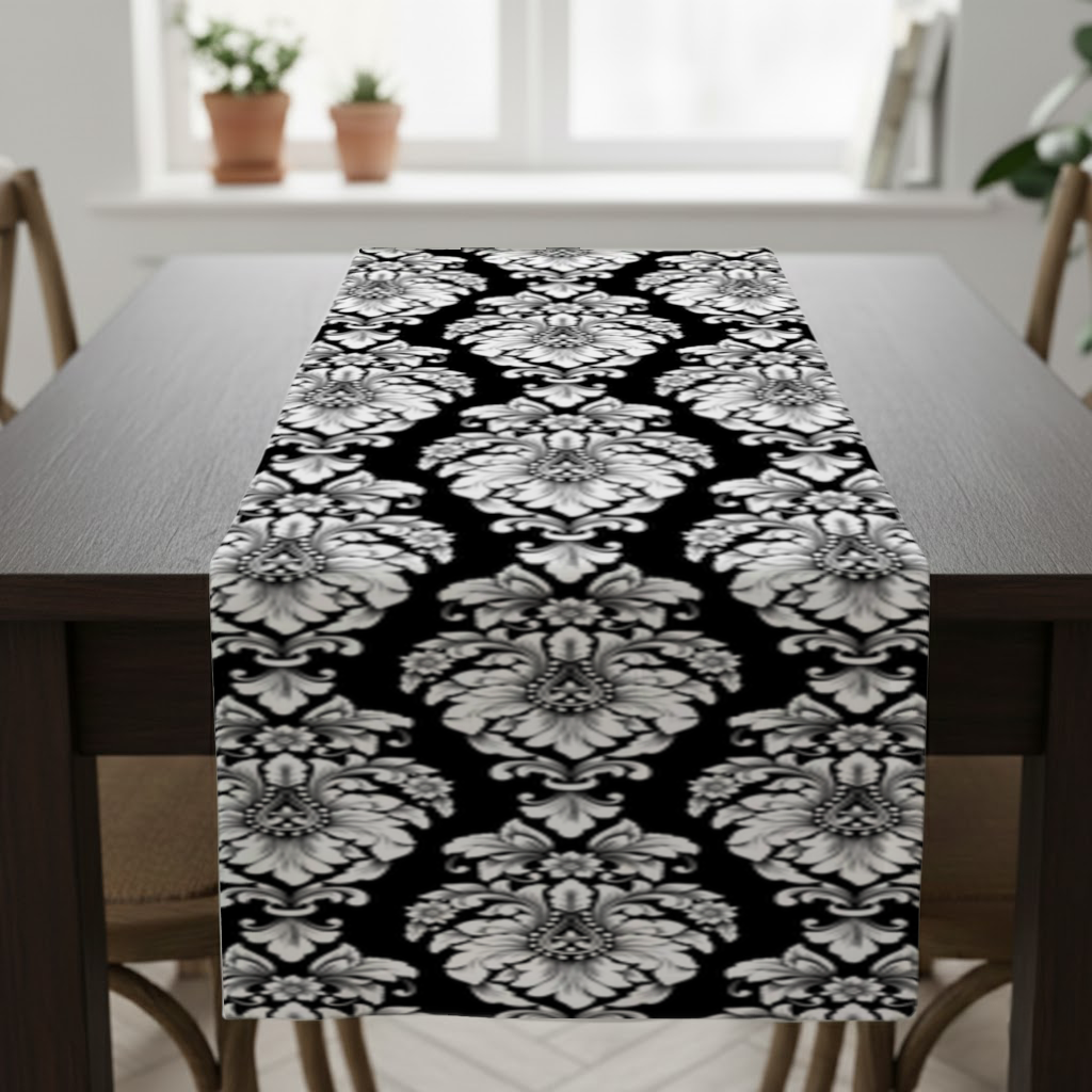 Black and White Baroque Floral Pattern Runner