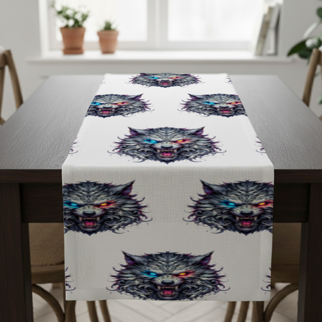 Öfkeli Kurt Başı İllüstrasyonu İki Renkli Gözlü, Vahşi Kurt Masa Runner