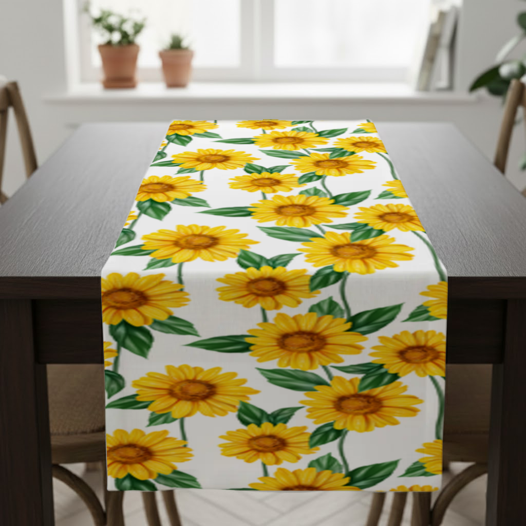 Vibrant Yellow Sunflower and Green Leaf Pattern Illustration Runner