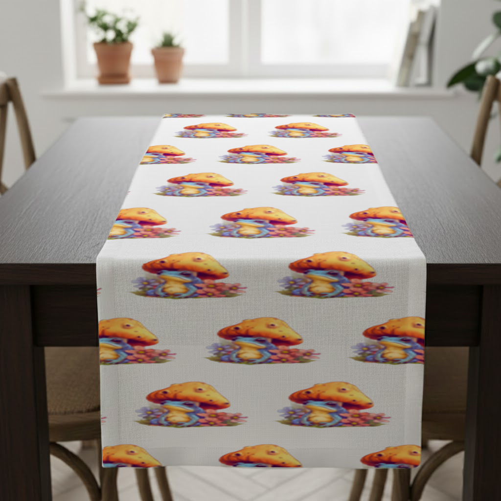 Blue Frog Resting Under Orange Mushroom Runner