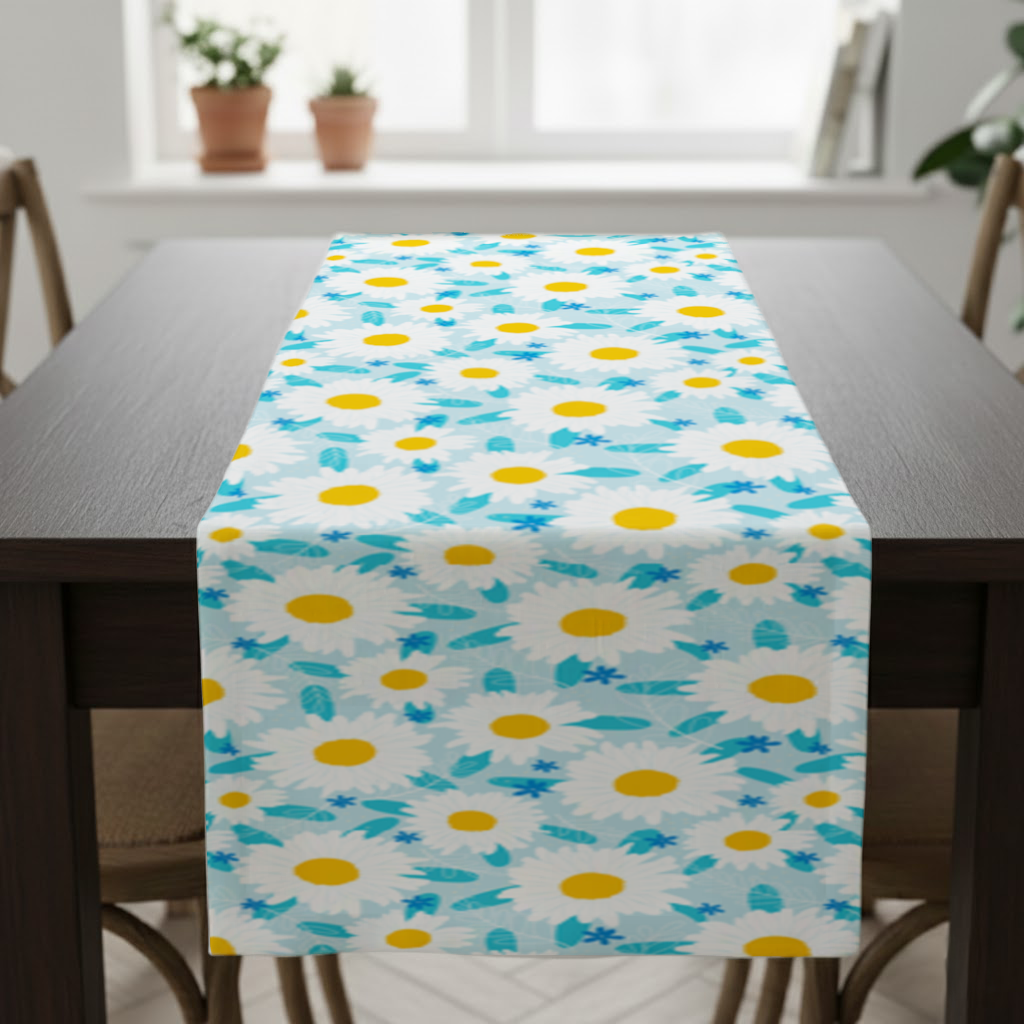 Daisy Garden and Turquoise Leaves Pattern Runner