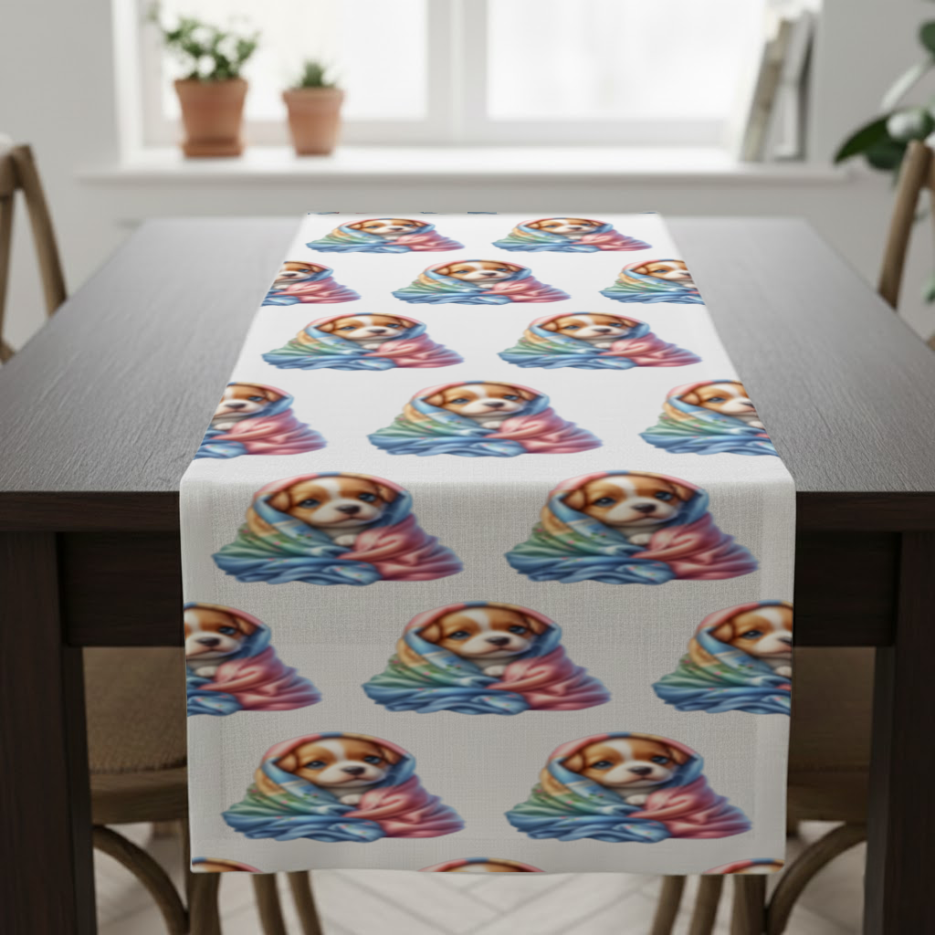 Cute Puppy Wrapped in Colorful Blanket Runner