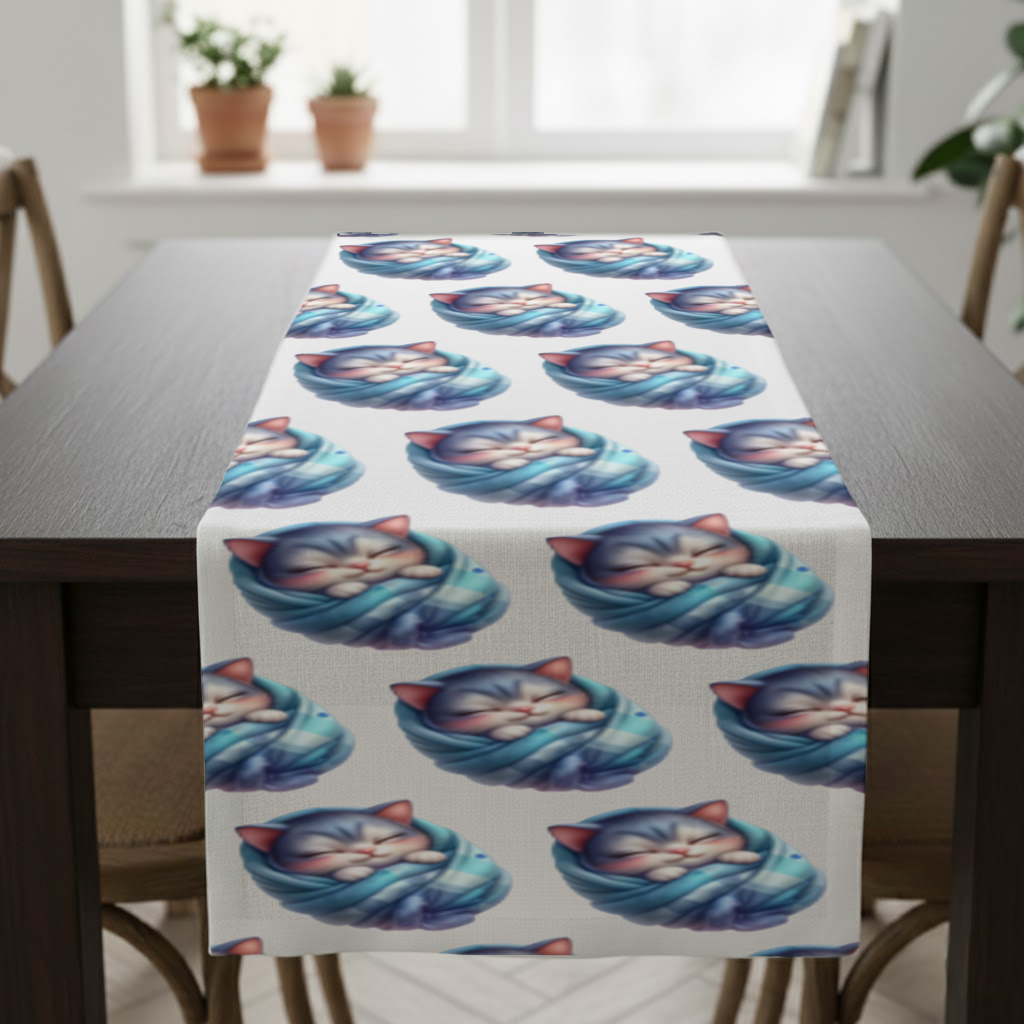 Kawaii Sleeping Kitten in Blue Swaddle Runner
