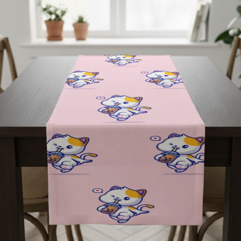 Boba Çayı İçen Kawaii Kedi Masa Runner