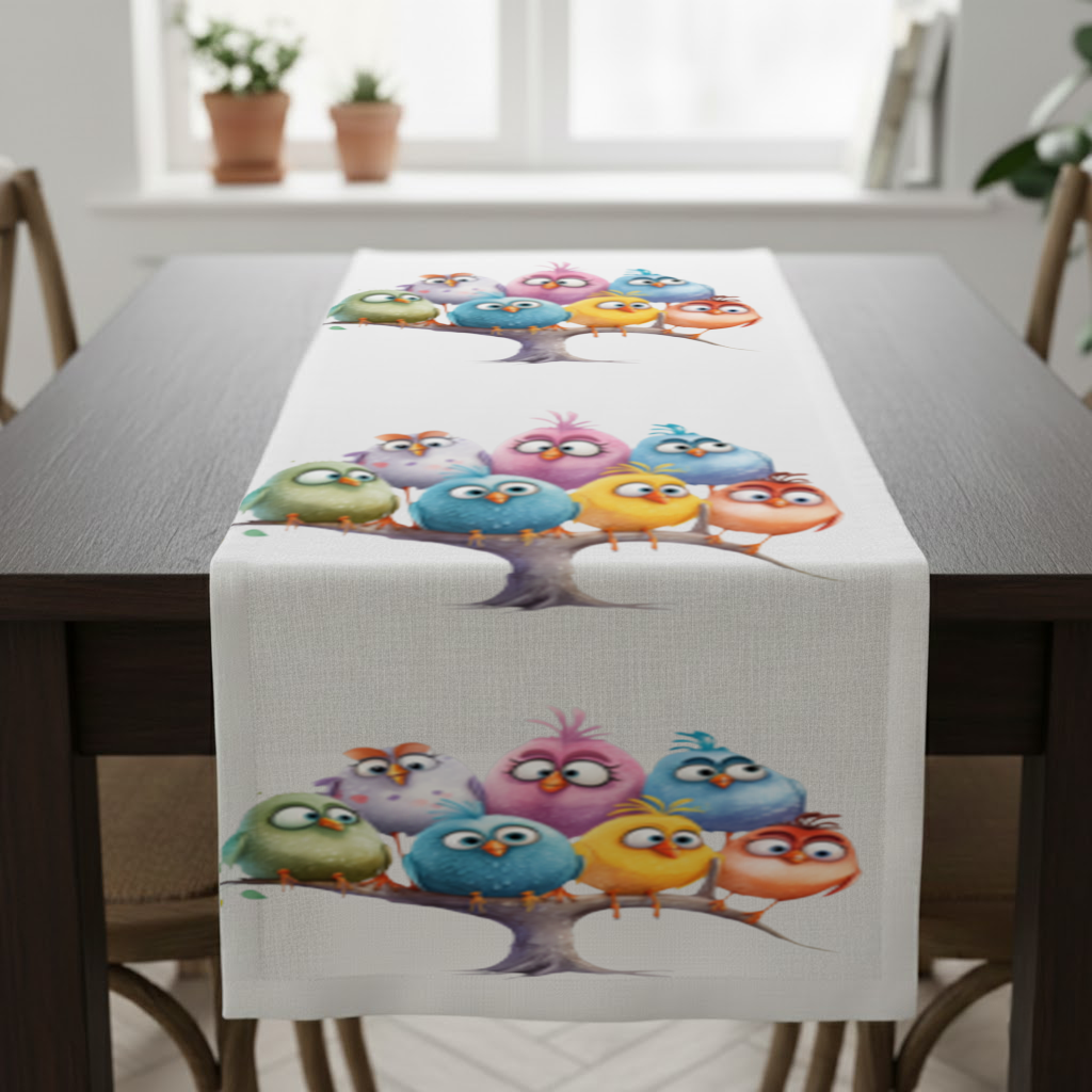 Daldaki Renkli Sevimli Kuşlar Masa Runner