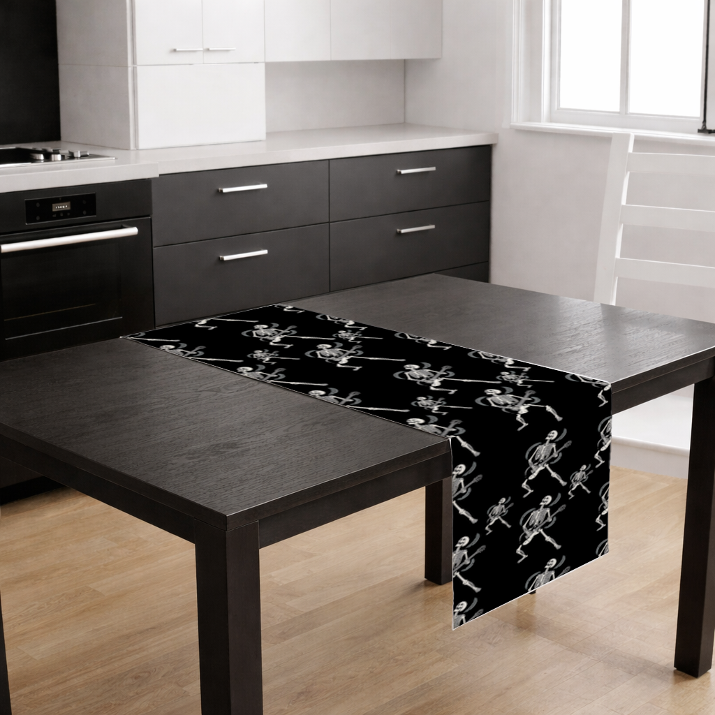 Rock Guitar Playing Skeleton Pattern on Black Runner