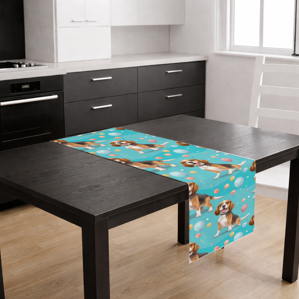 Sevimli Beagle Köpek ve Renkli Balonlar Desenli Tasarım Masa Runner