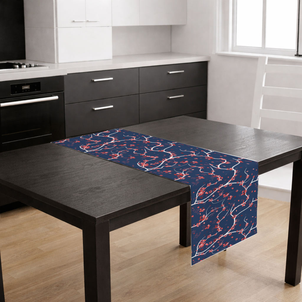 Red Floral Branch Pattern on Navy Background Runner
