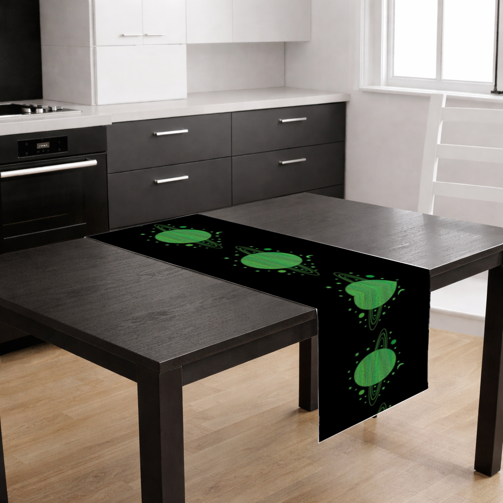 Green planets on a black background. 