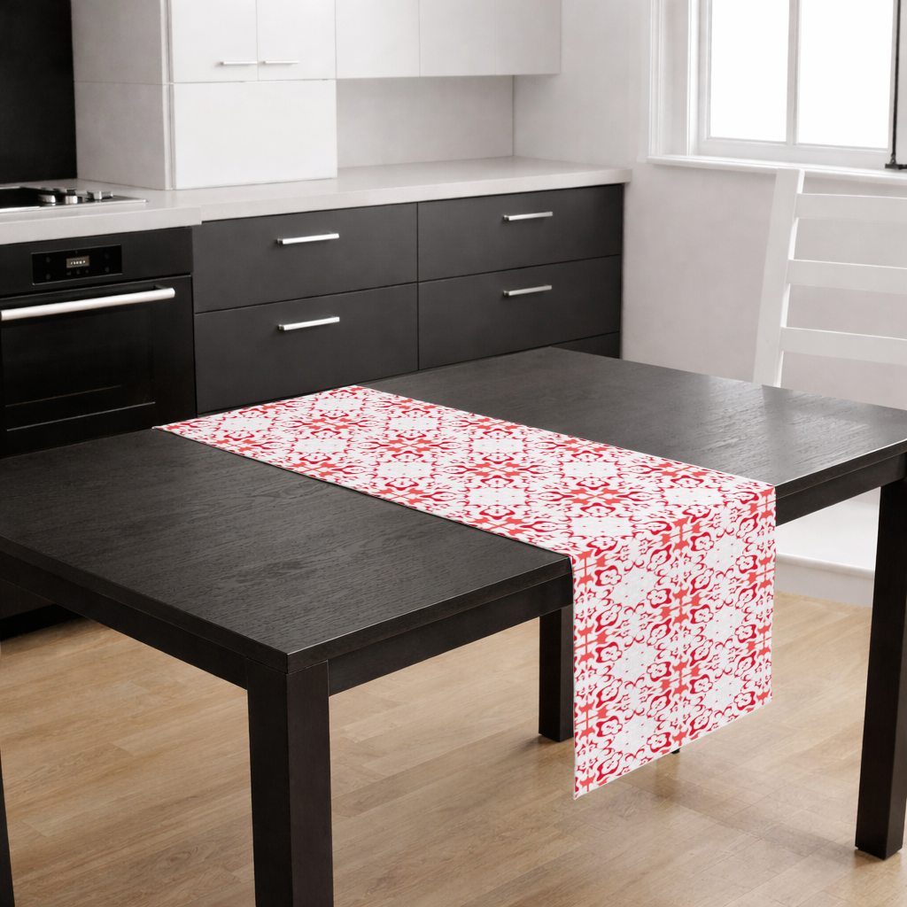 Kırmızı Beyaz Geleneksel Çini Tarzı Desen Masa Runner