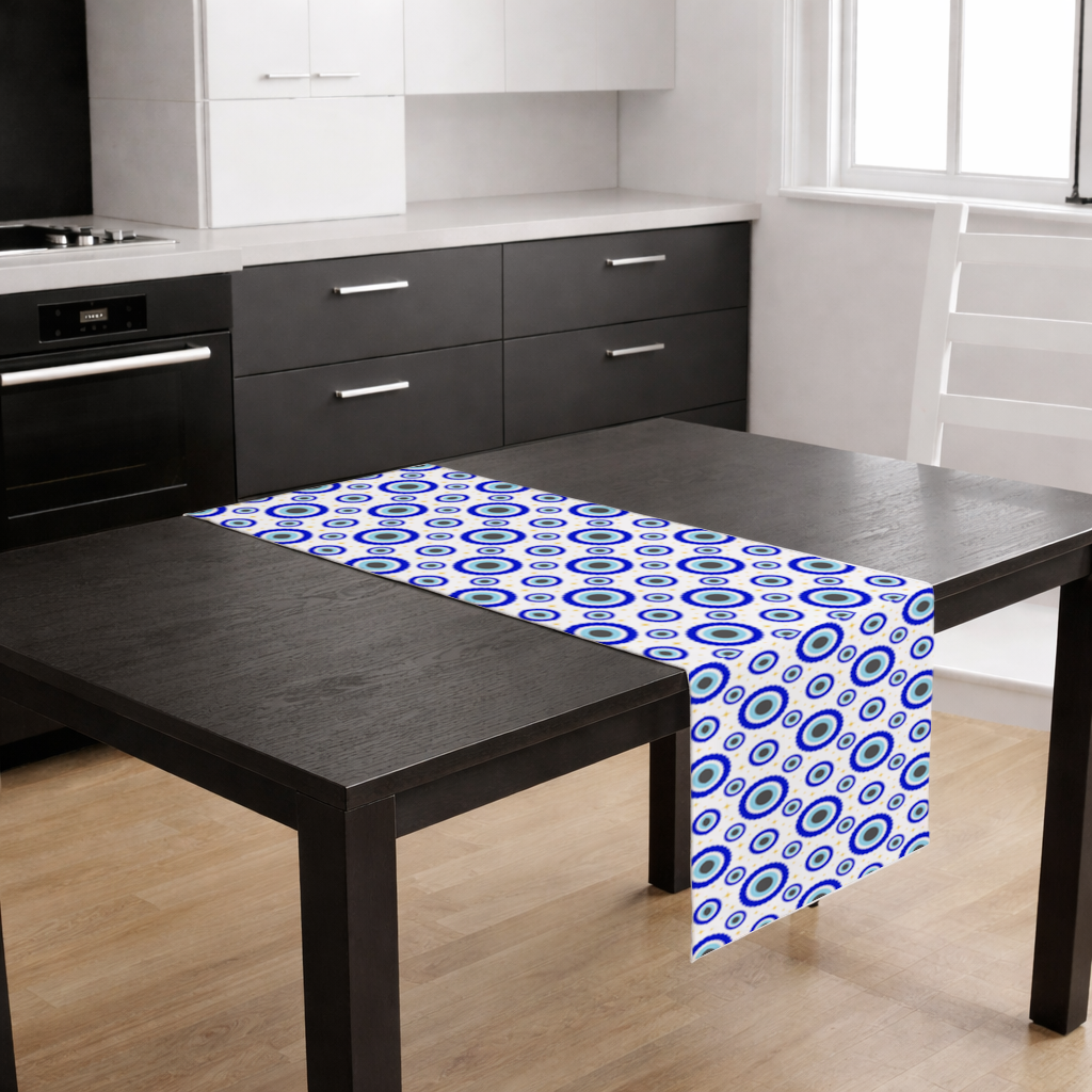 Yıldızlı Mavi Nazar Boncuğu Deseni Masa Runner