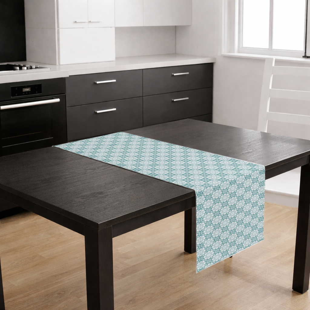 Mavi Piksel Geometrik Süsleme Deseni Masa Runner