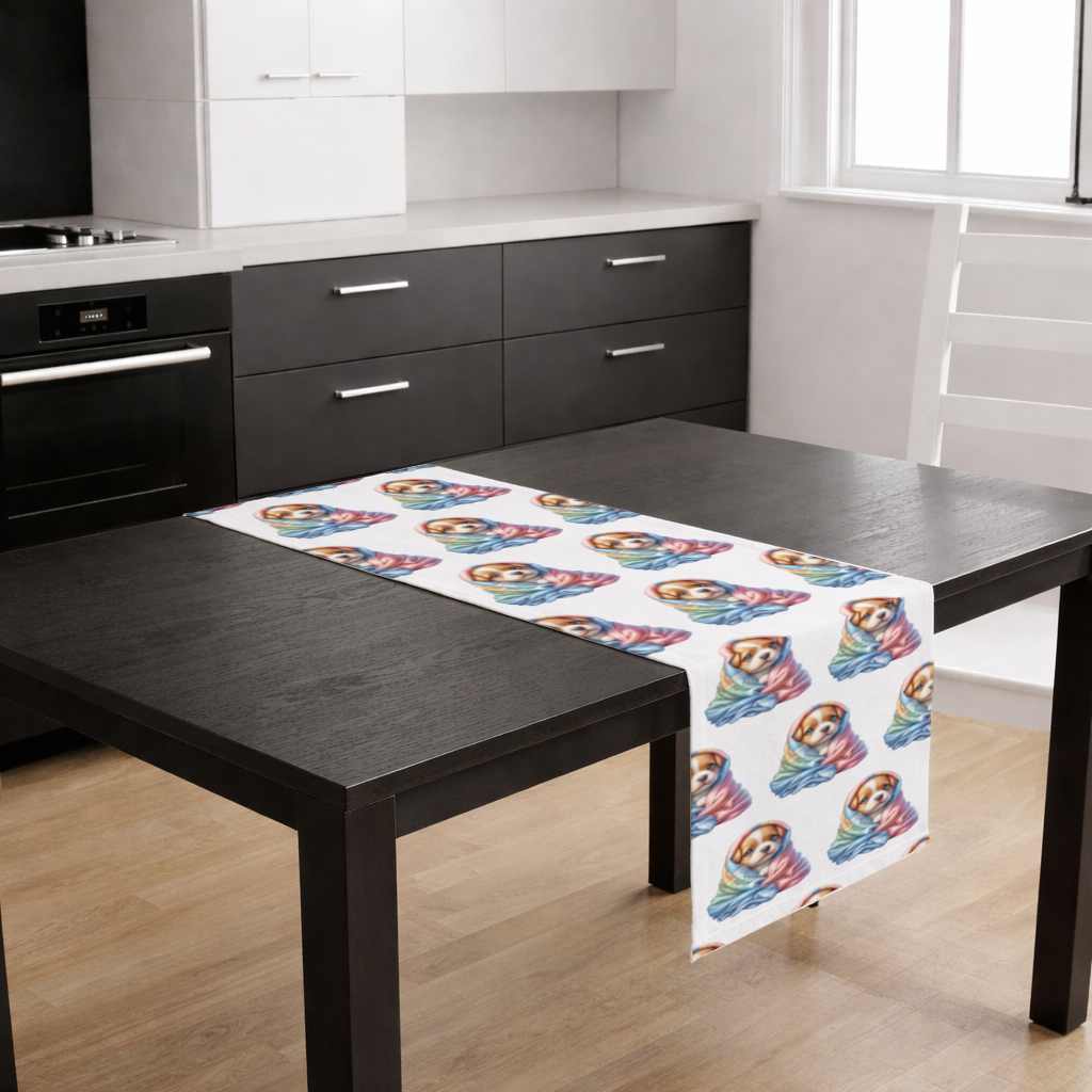 Cute Puppy Wrapped in Colorful Blanket Runner