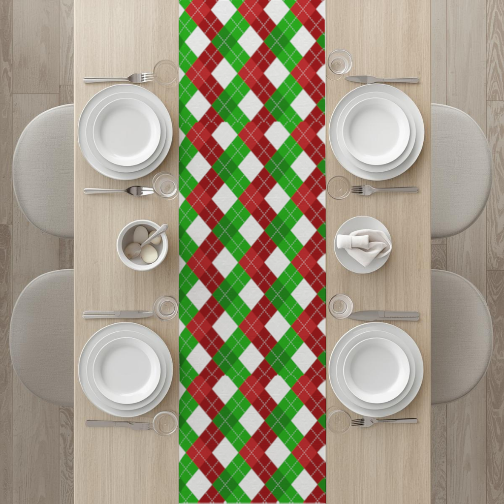 Kırmızı Yeşil Ekose Arka Plan Deseni Masa Runner