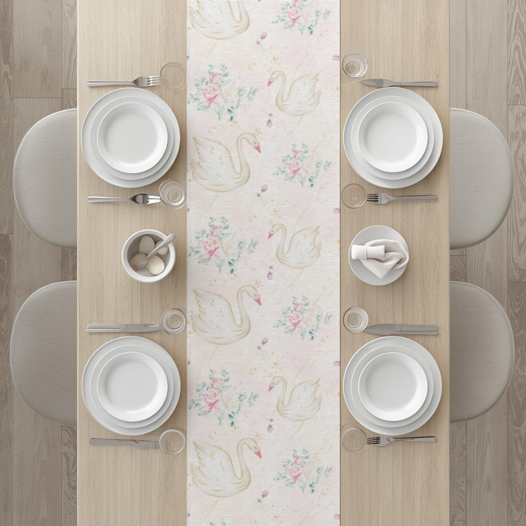 Pastel Watercolor Swan Floral Pattern Runner