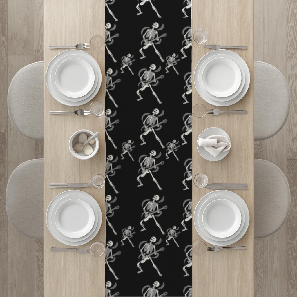 Rock Guitar Playing Skeleton Pattern on Black Runner