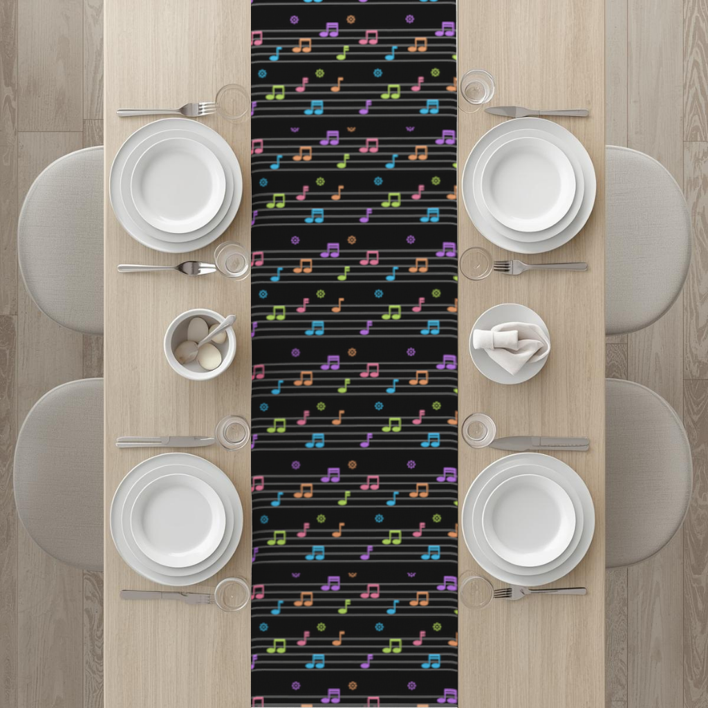 Neon Renkli Müzik Notaları ve Ritim Desenli Modern Tasarım Masa Runner