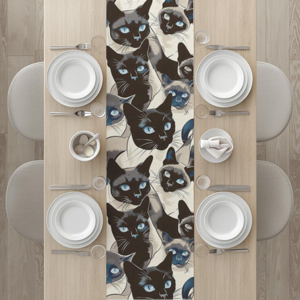 Blue Eyed Siamese Cat Elegant Illustration Pattern Runner