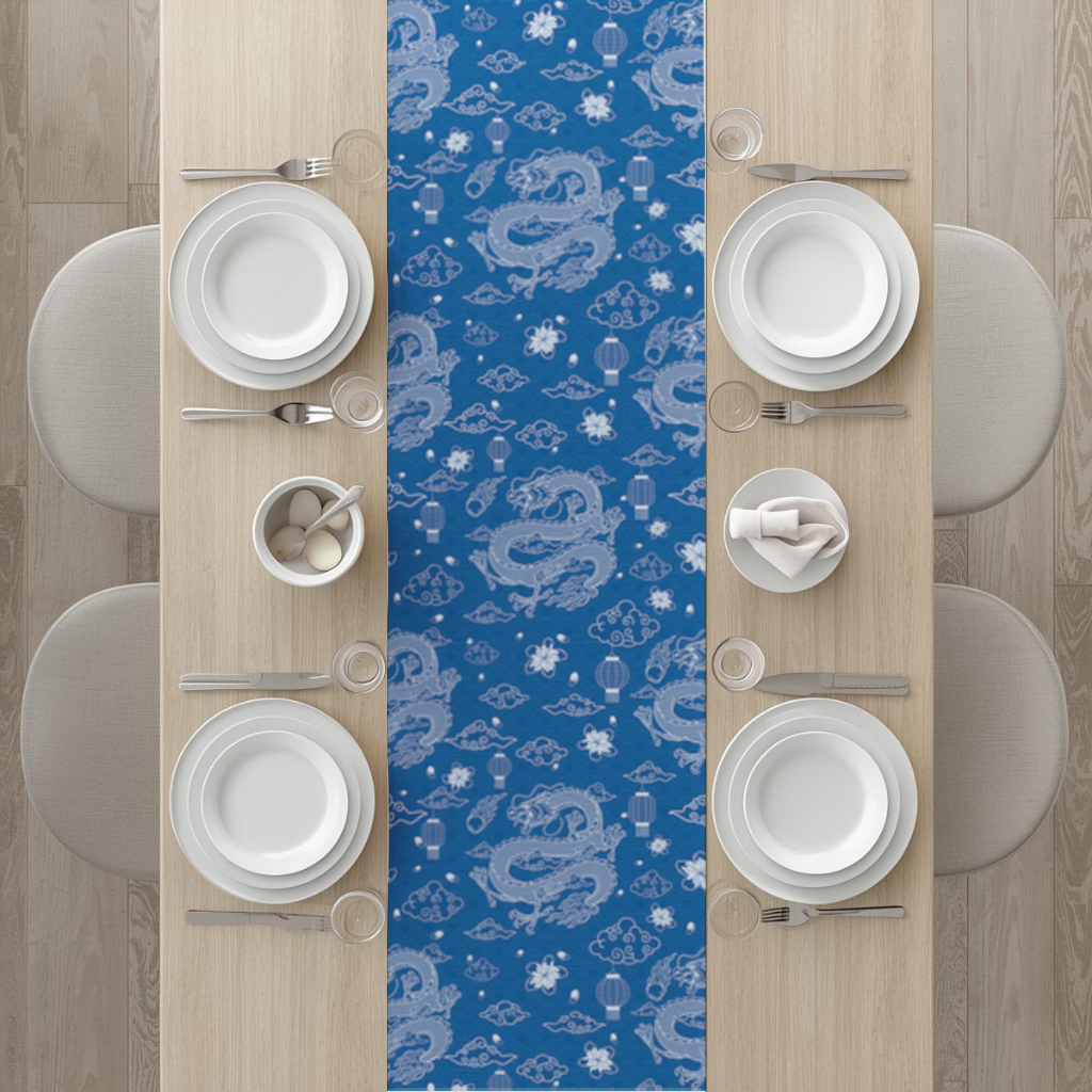 Traditional Dragon Pattern on Blue Background Runner
