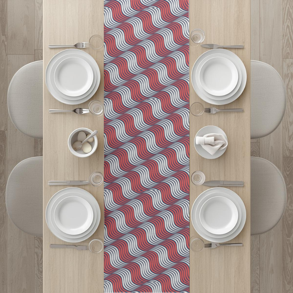 Kırmızı Lacivert Dalgalı Çizgi Deseni Masa Runner