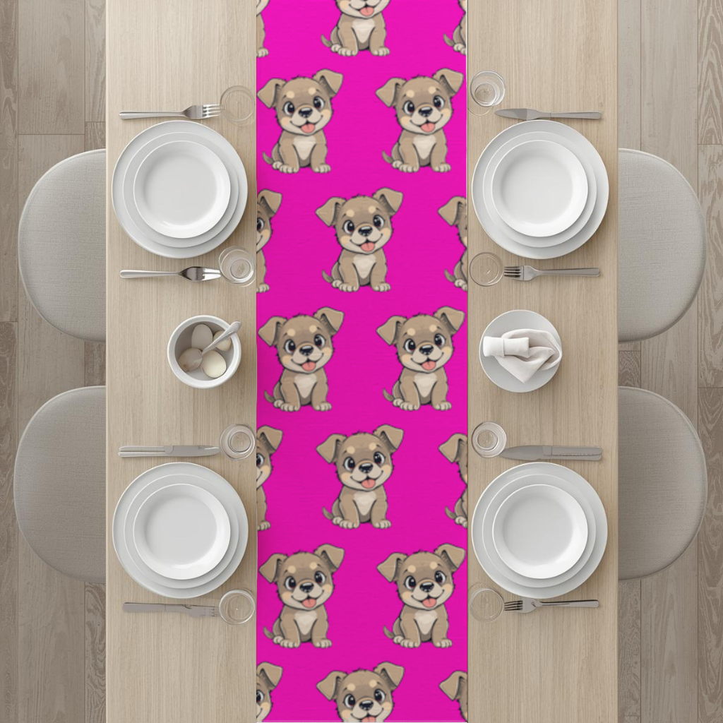 Pembe Arka Planlı Sevimli Köpek Çizimi Masa Runner