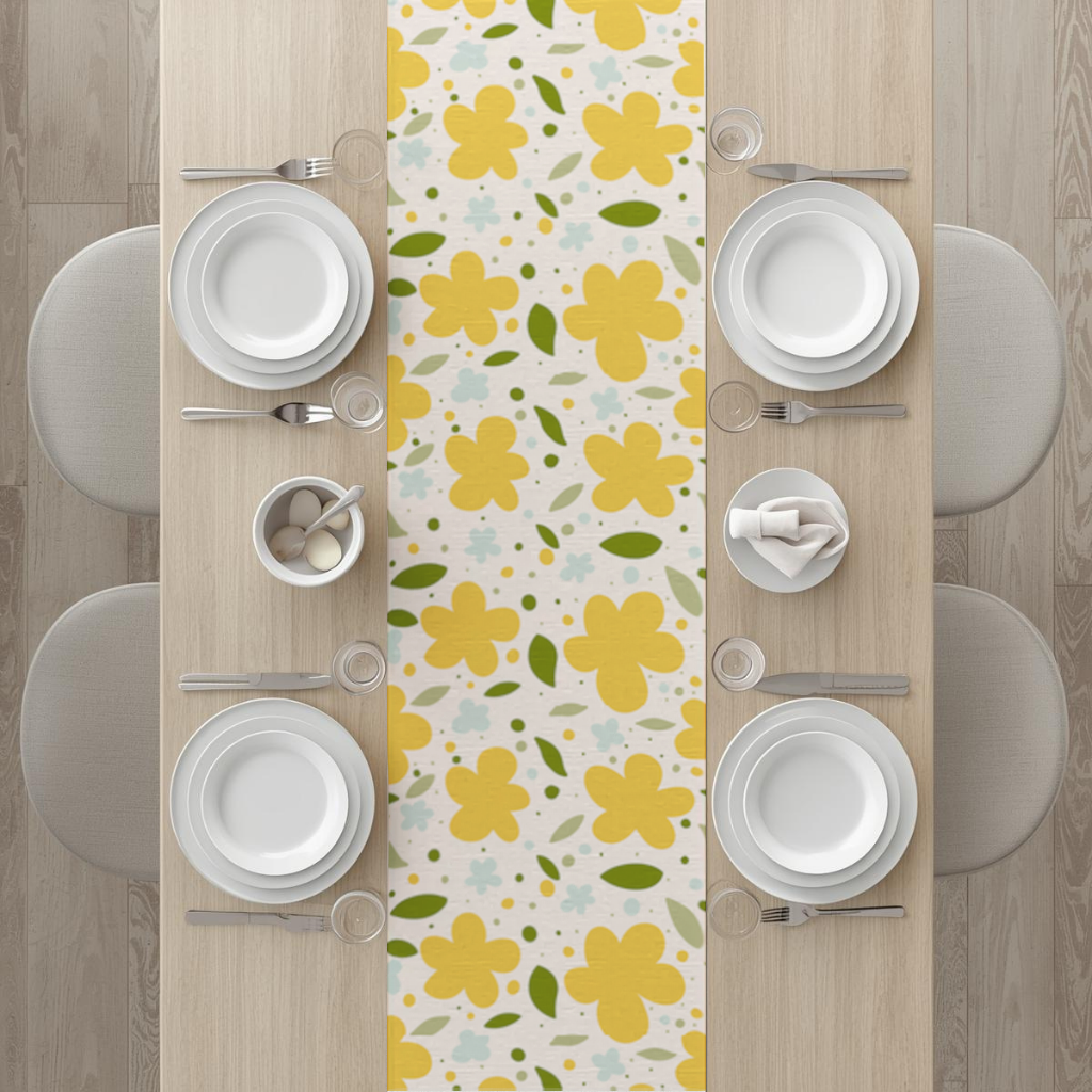 Sarı Çiçekli ve Yapraklı Boho Tarzı Dikişsiz Desen Masa Runner