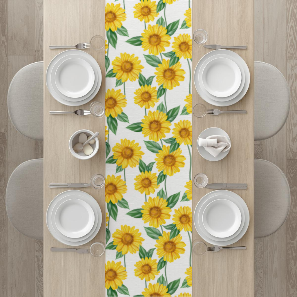 Vibrant Yellow Sunflower and Green Leaf Pattern Illustration Runner