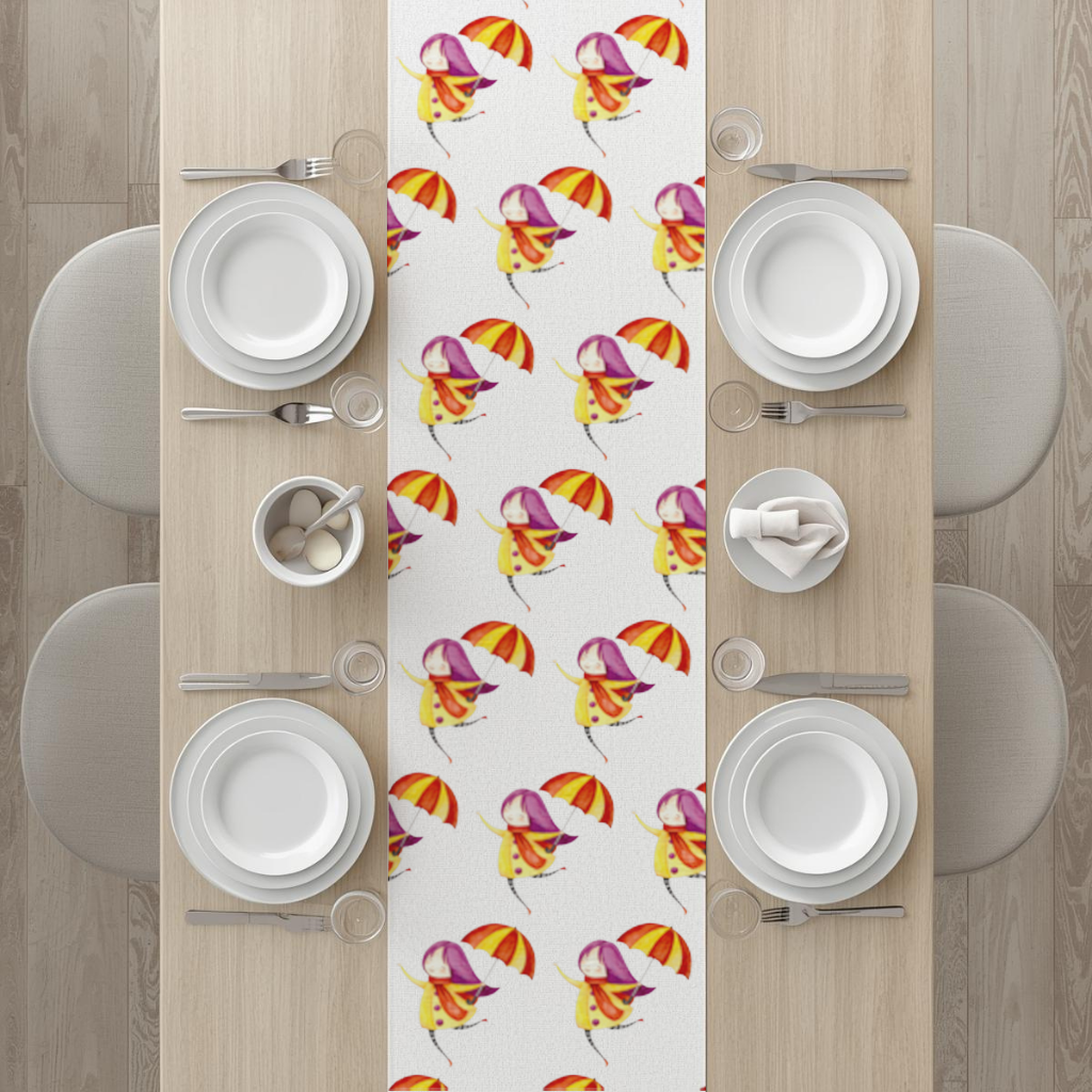 Şemsiyeli Neşeli Kız Çizimi Masa Runner