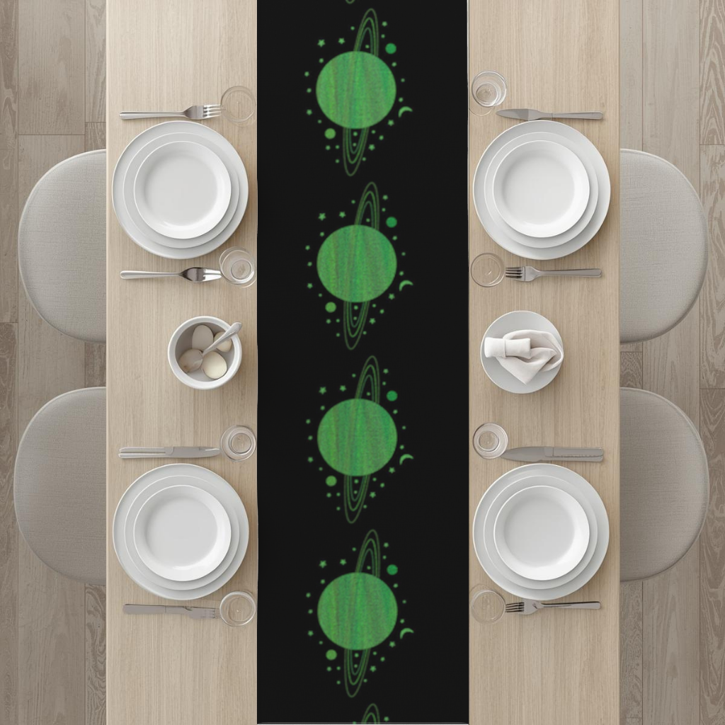 Green planets on a black background. 